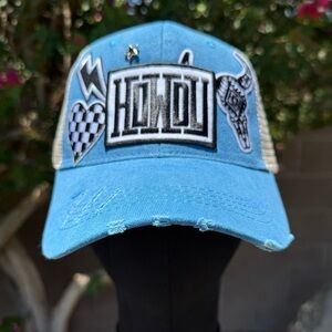 New Custom Blue Distressed Cap with Patches